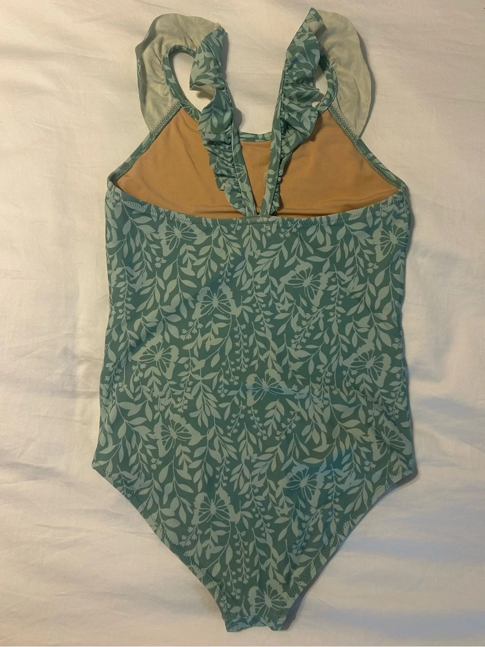J. Crew Crewcuts One Piece Swimsuit Ruffle Strap Teal Botanical Print Size 10